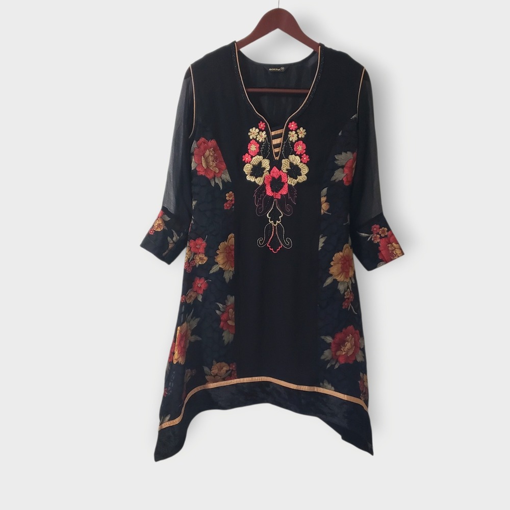 Moksha Black Floral Embroidered Beaded Asymmetric Velvet Sheer Kaftan Dress Sz S